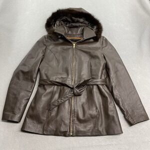 Sergio Beninni Jacket Women Large Brown Leather Removable Lining & Hood Belted